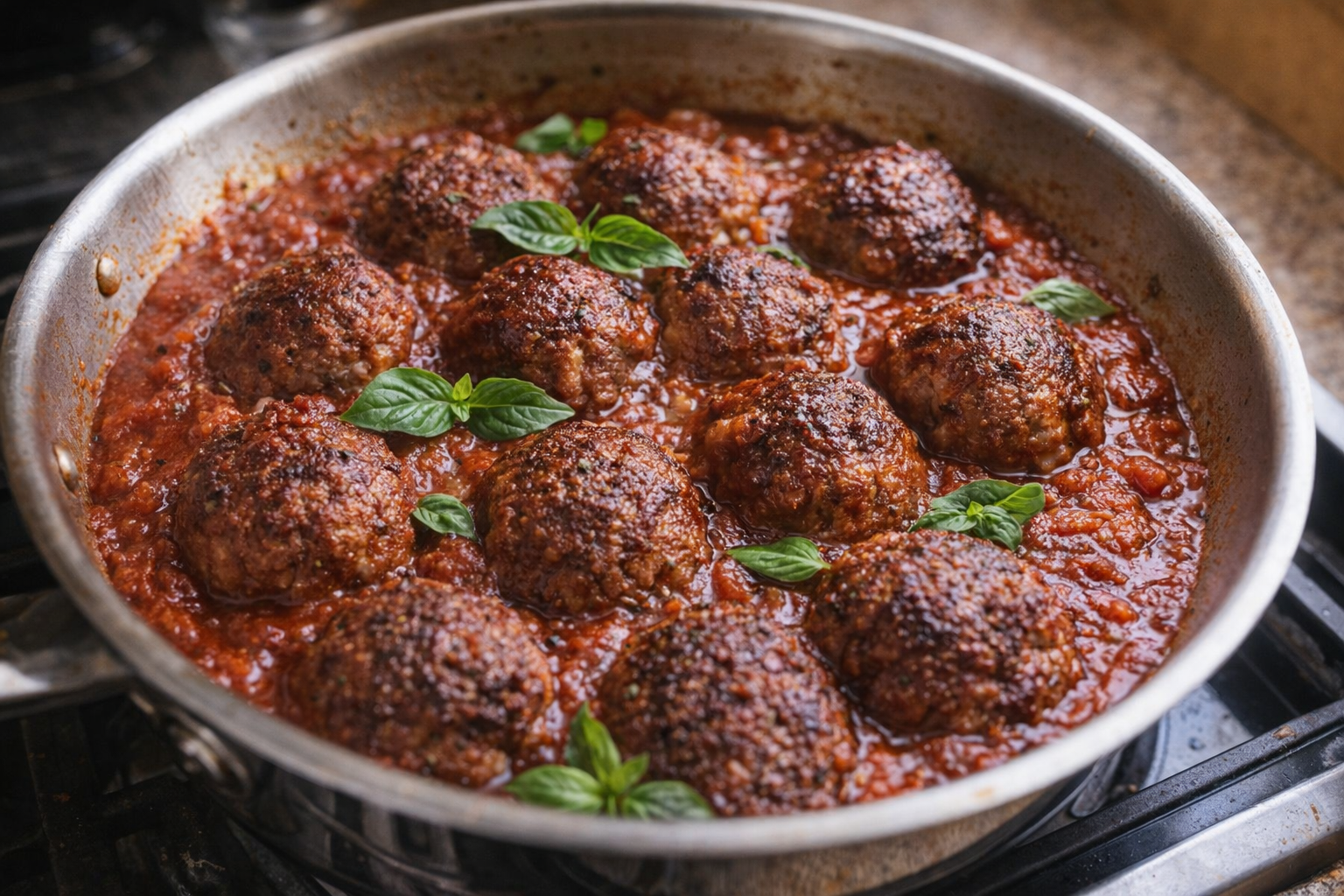 A close-up, overhead shot of perfectly browned meatballs simmering in a rich, red tomato sauce in a stainless steel skillet, garnished with fresh basil. Warm, inviting kitchen lighting